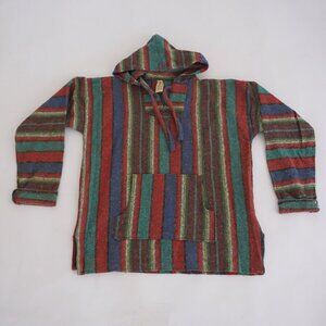 Vintage Baja Multicolor Striped Woven Hooded Pullover Southwestern Cabincore XL